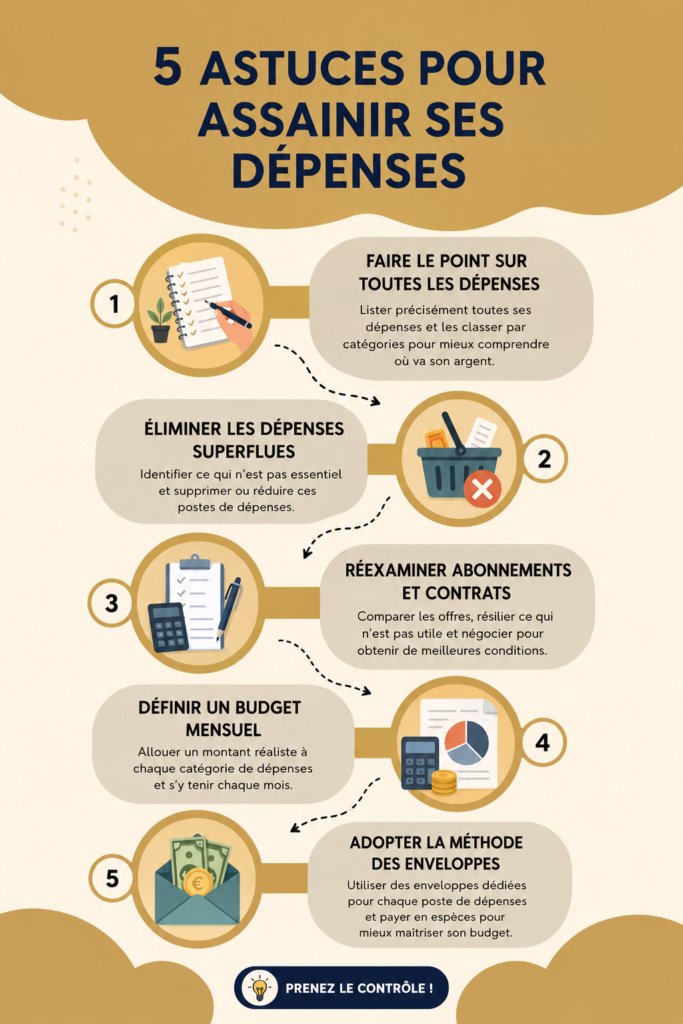 Femme examinant ses finances avec un ordinateur portable, entourée de notes et de factures.