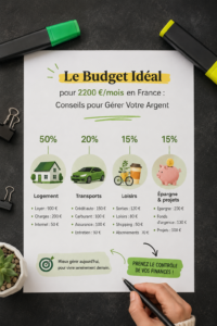 Femme analysant son budget de 2200 € par mois avec un ordinateur et des documents