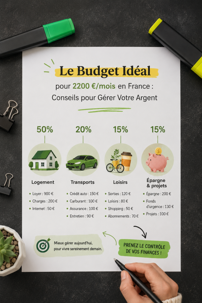 Femme analysant son budget de 2200 € par mois avec un ordinateur et des documents