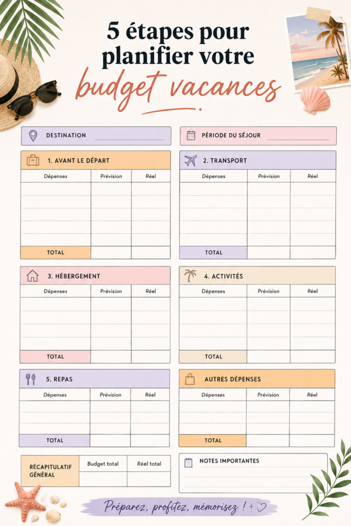Femme planifiant un budget vacances sur une table avec un ordinateur et des documents.