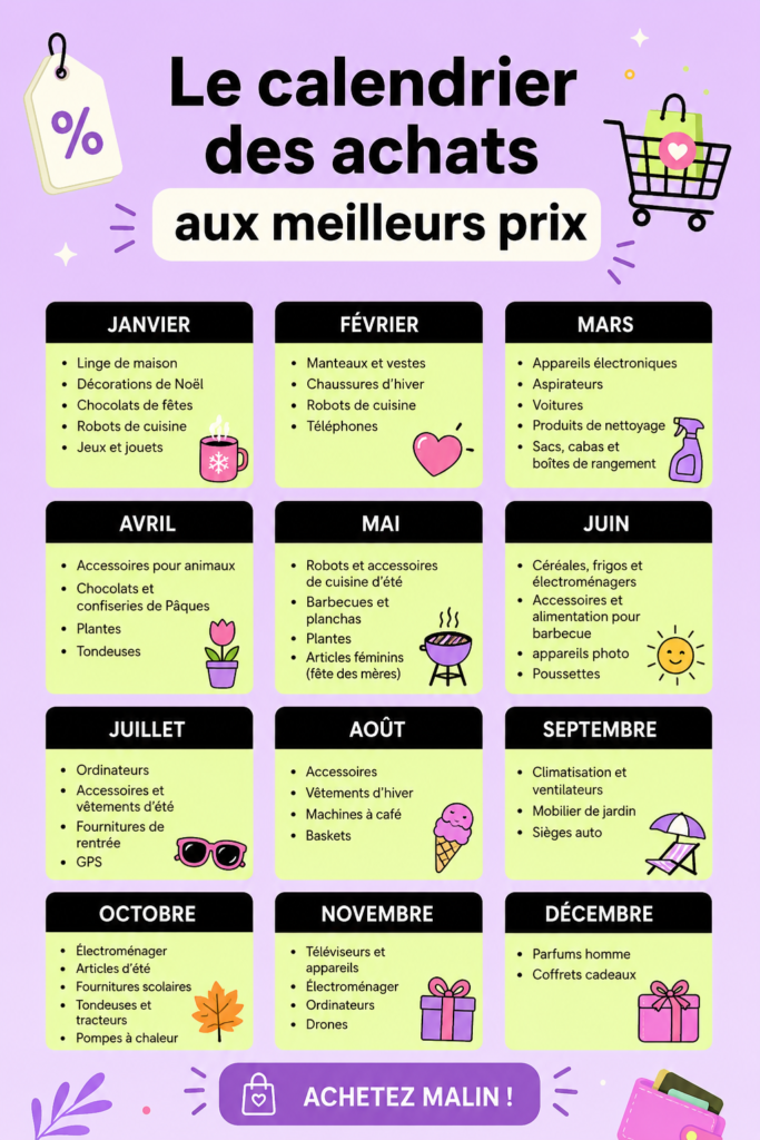Un calendrier illustrant les meilleures périodes pour acheter malin