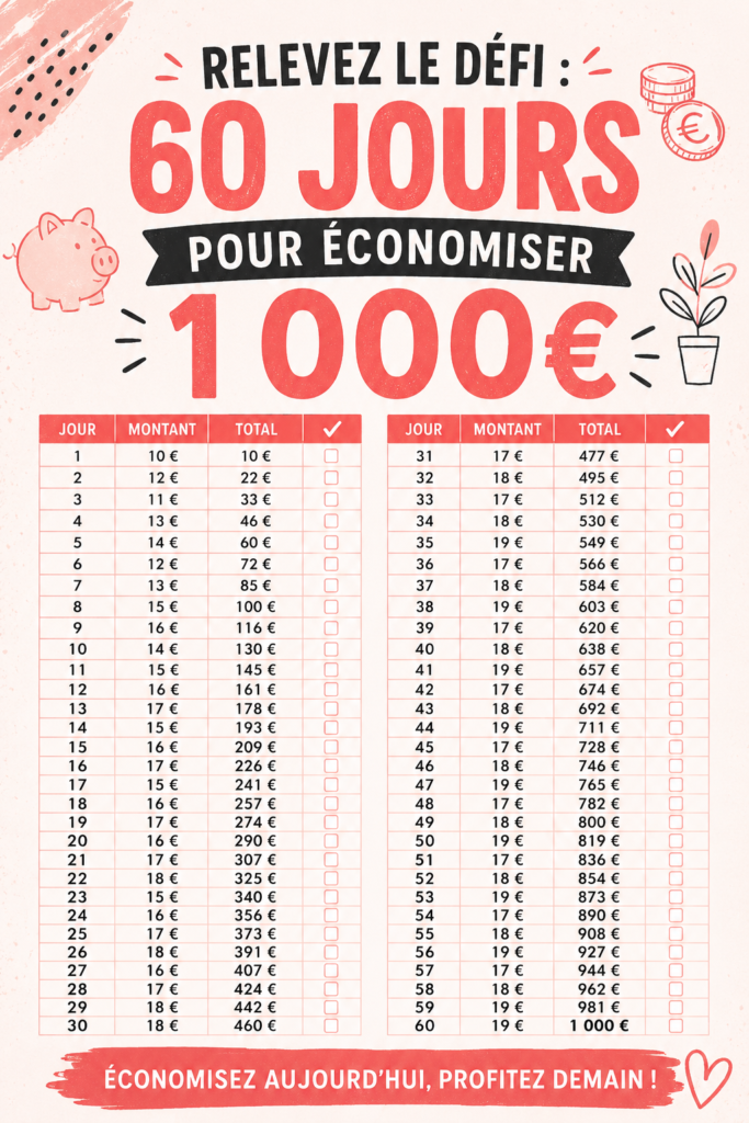 Bilan de finances avec un défi d'épargne de 60 jours en arrière-plan.