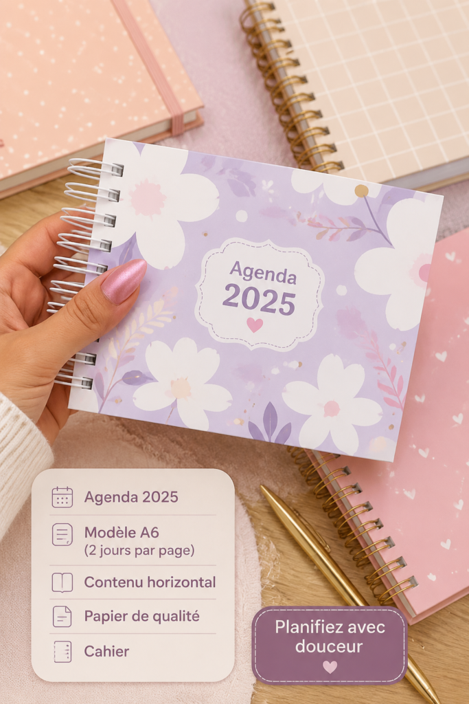 Un agenda 2025 ouvert avec des stylos colorés, sur un bureau en bois et des notes éparpillées.