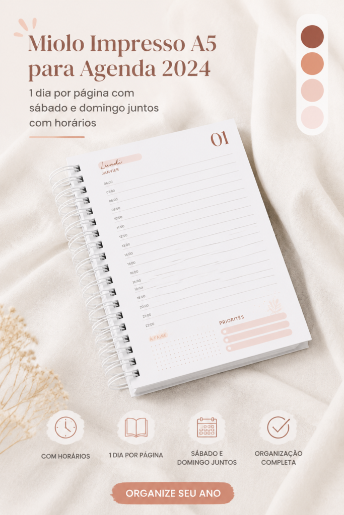 Agenda A5 ouvert montrant une page avec un jour, suggérant une planification quotidienne