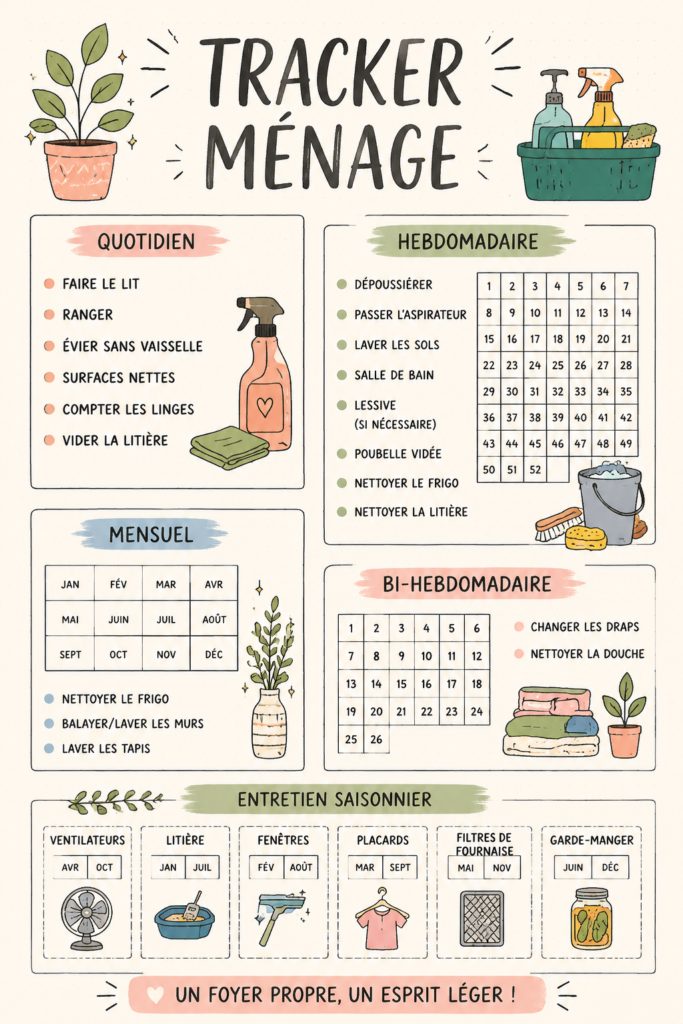Image d'un Bullet Journal ouvert avec des tâches de nettoyage organisées.