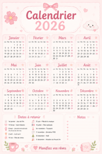 Un calendrier 2026 coloré affiché sur un bureau, entouré de fournitures de papeterie.