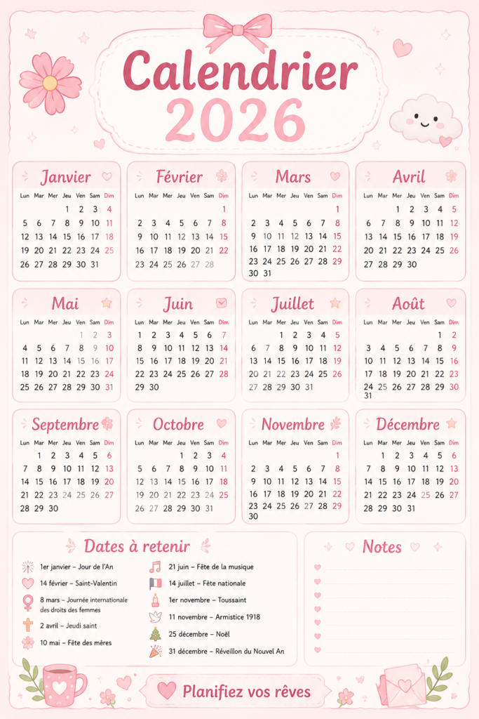 Un calendrier 2026 coloré affiché sur un bureau, entouré de fournitures de papeterie.