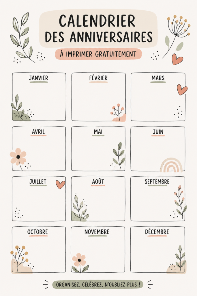 Calendrier d'anniversaires imprimable sur un bureau