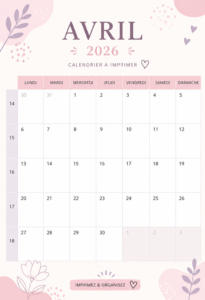 Calendrier d'avril 2026 à imprimer avec un design pratique.