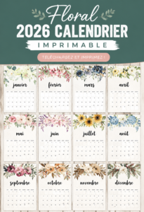 Calendrier floral 2026 à imprimer avec motifs colorés.