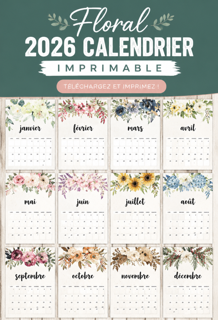 Calendrier floral 2026 à imprimer avec motifs colorés.
