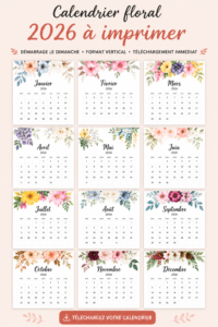 Calendrier floral 2026 avec un design vertical à imprimer