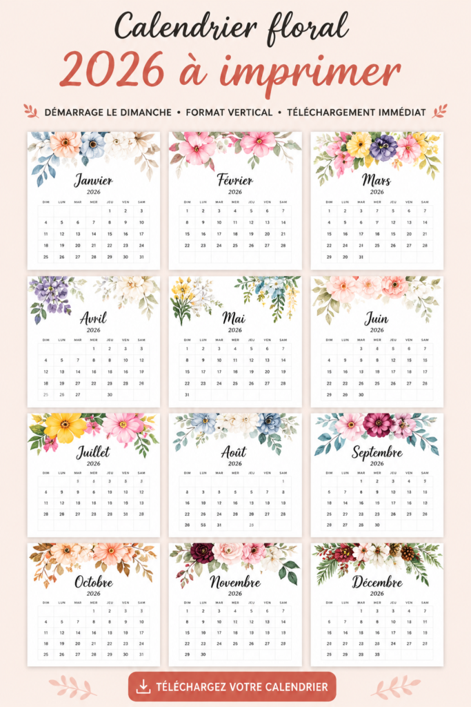 Calendrier floral 2026 avec un design vertical à imprimer