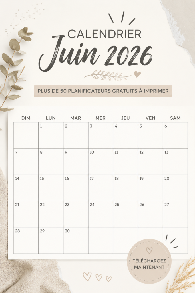 Calendrier imprimable de juin 2026 sur une table avec des fournitures de bureau