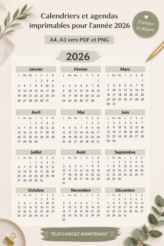 Calendriers et agendas imprimables pour 2026 au format A4 et A3