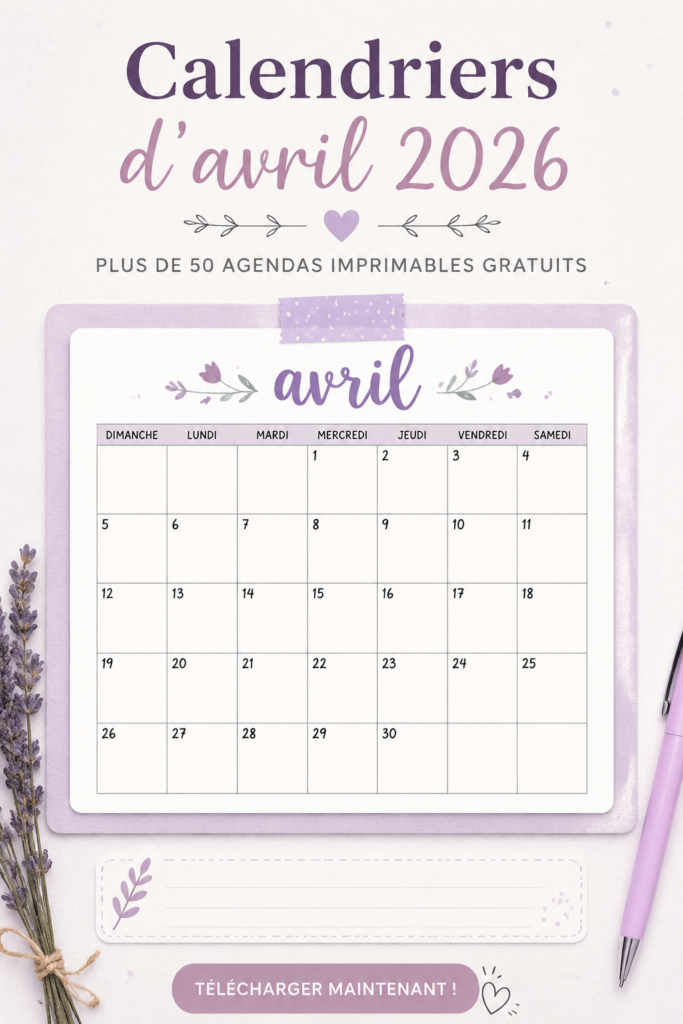 Calendrier d'avril 2026 à imprimer, design élégant et pratique pour la planification.