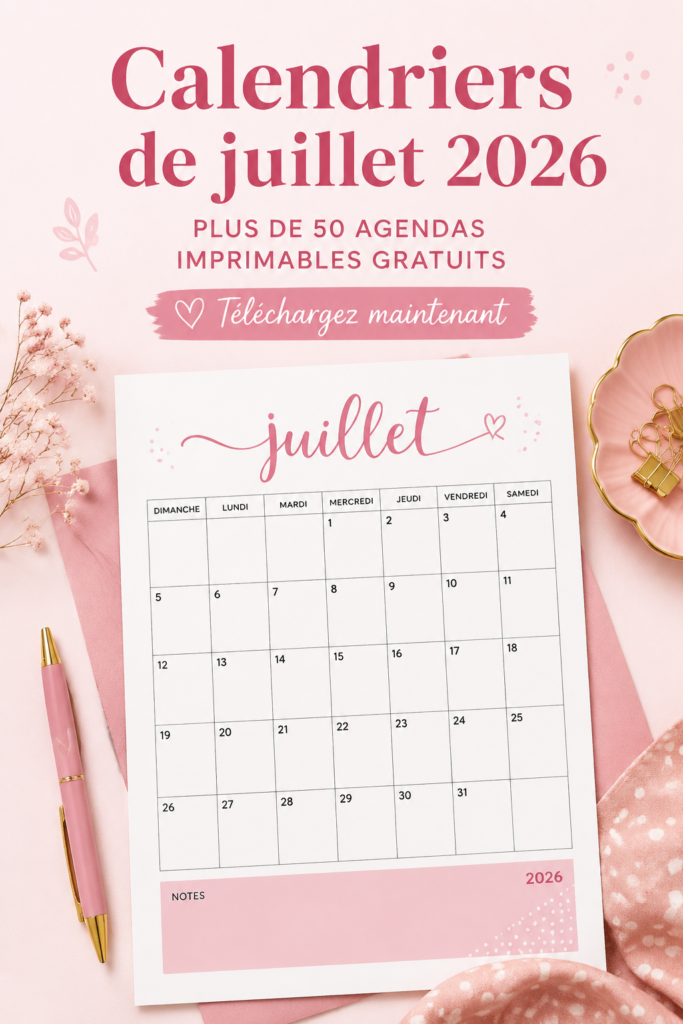 Calendrier imprimable de juillet 2026 avec des espaces pour les notes et les événements
