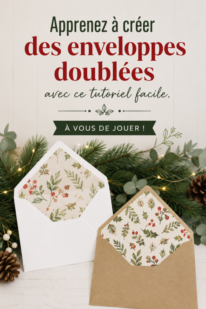 Une belle enveloppe doublée artisanale sur une table avec des fournitures de papeterie.
