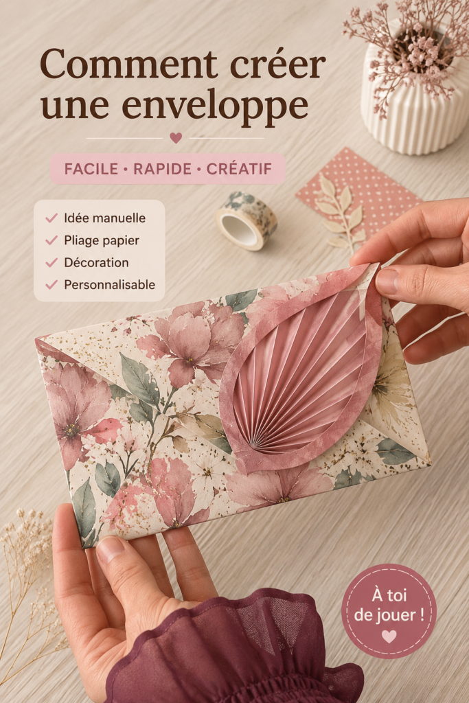 Un tapis de travail avec des enveloppes colorées faites à la main et des outils de papercraft