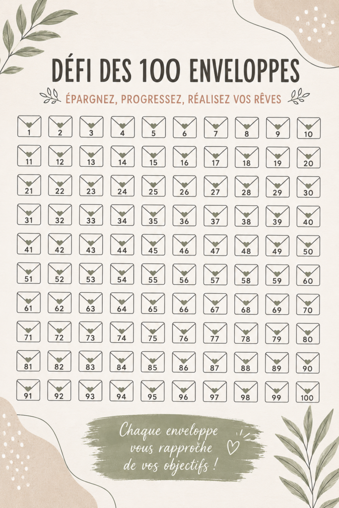 Un ensemble d'enveloppes colorées représentant le défi des 100 enveloppes pour épargner.