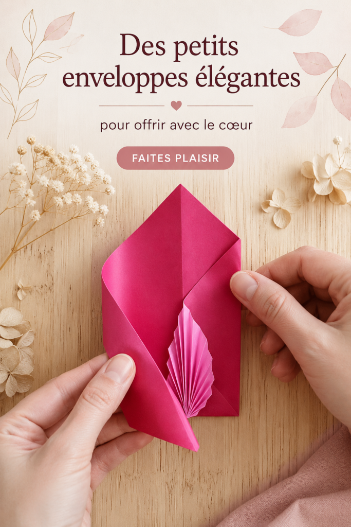 Enveloppes cadeaux élégantes ornées de feuilles et motifs variés sur une table en bois.