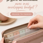 Femme souriante avec des enveloppes budget sur la table, représentant la gestion financière
