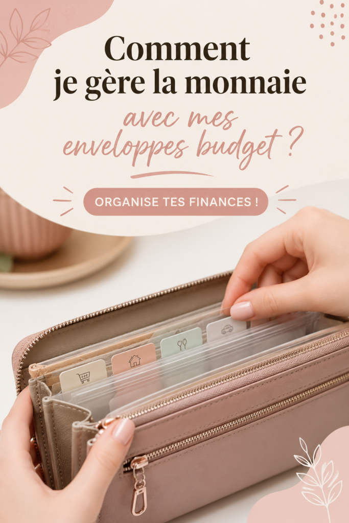 Femme souriante avec des enveloppes budget sur la table, représentant la gestion financière