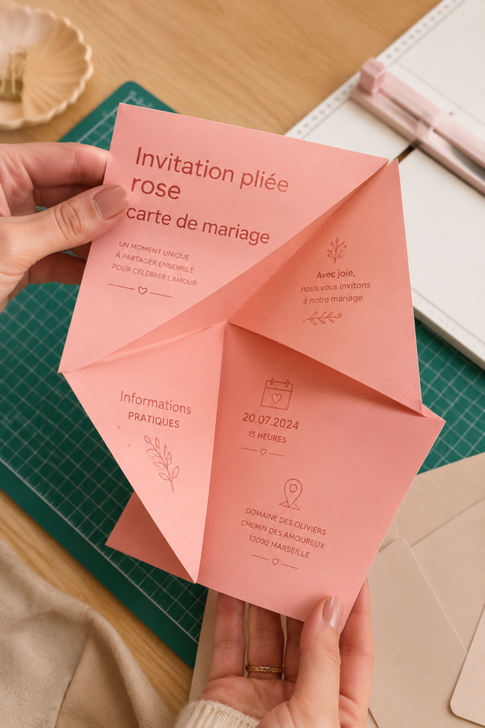 Carte d'invitation pliée rose élégante pour événement festif.