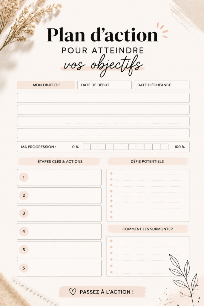 Femme souriante travaillant sur son plan d'action pour atteindre ses objectifs personnels.