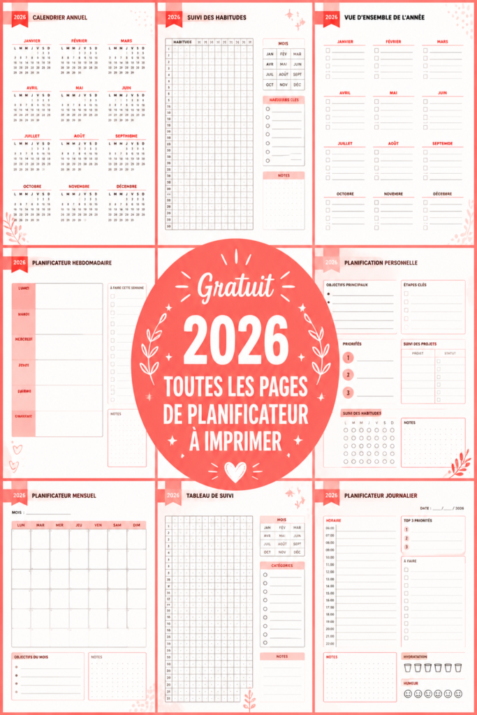 Exemple de pages de planification 2026 à imprimer, montrant des sections pour les rendez-vous et les tâches.
