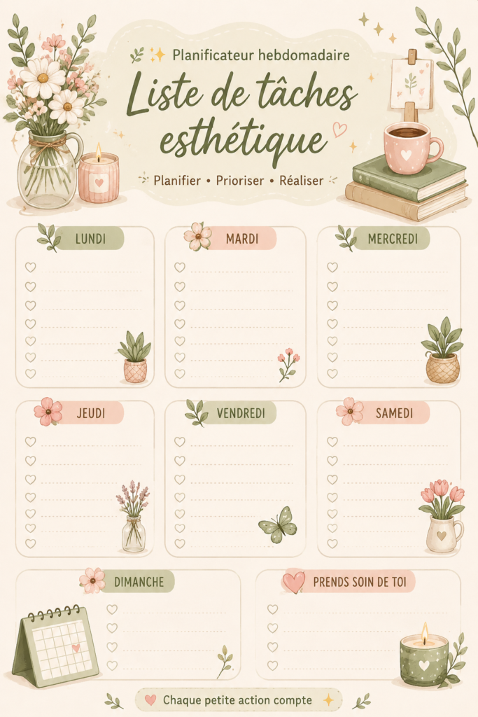Planificateur hebdomadaire florissant avec des motifs floraux sur un bureau en bois.