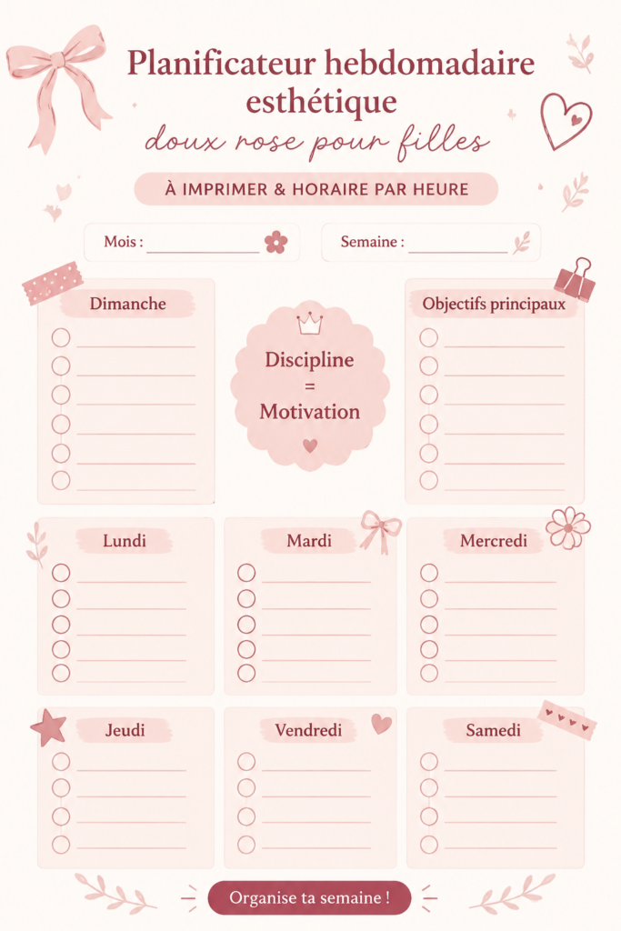 Planificateur hebdomadaire esthétique rose sur un bureau