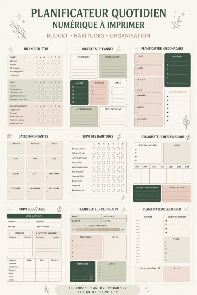 Un planner numérique illustrant un budget et des habitudes à suivre.