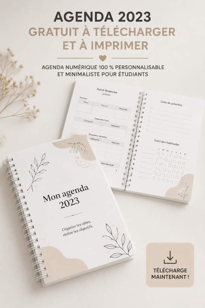 Un agenda 2023 minimaliste imprimé avec des pages organisées et épurées.