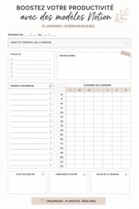 Une capture d'écran d'un planner Notion hebdomadaire bien organisé