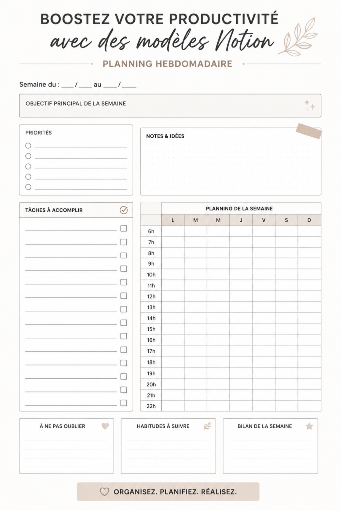 Une capture d'écran d'un planner Notion hebdomadaire bien organisé