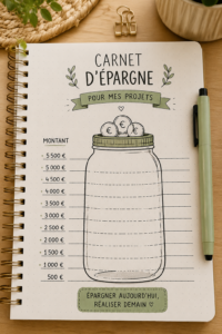 Bullet journal ouvert avec des dessins et des notes sur l'économie personnelle.