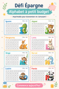 Une illustration colorée représentant le challenge d'épargne alphabet