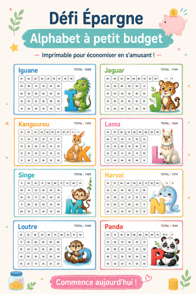 Une illustration colorée représentant le challenge d'épargne alphabet