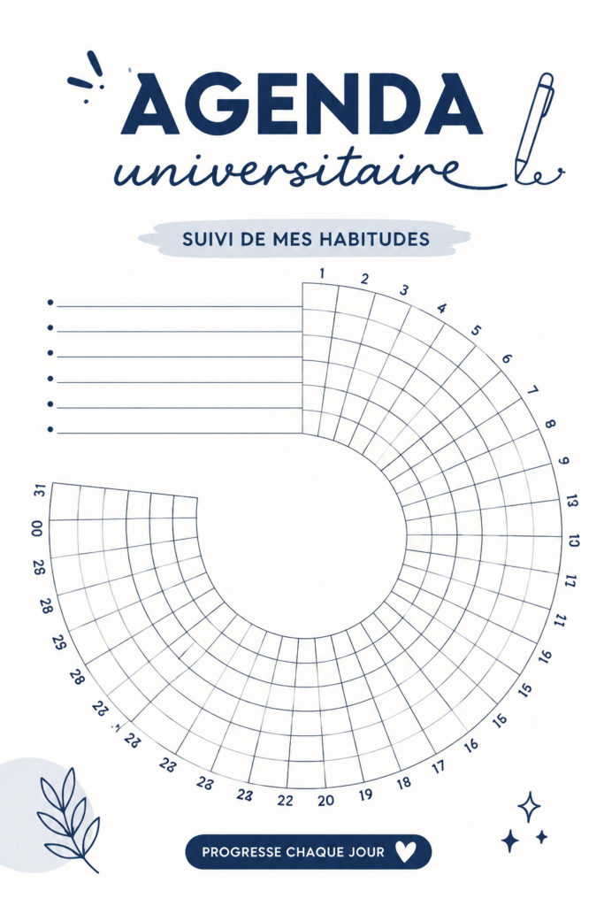 Aperçu d'un agenda universitaire ouvert avec des notes colorées, représentant l'organisation d'une étudiante.