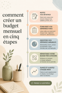 Femme examinant son budget mensuel à l'aide d'un carnet et d'une calculatrice.