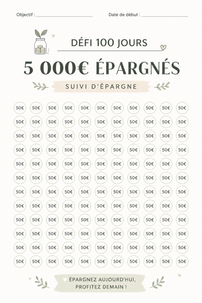 Illustration d'une personne qui réalise un défi d'économies, avec un tableau des économies et des billets.