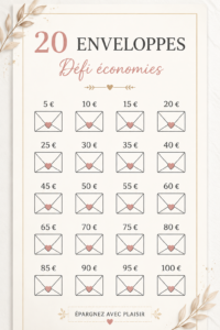 Illustration d'un défi d'économies avec des enveloppes colorées et des fonds monetaires.