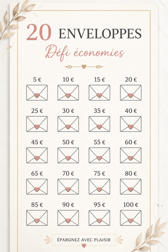 Illustration d'un défi d'économies avec des enveloppes colorées et des fonds monetaires.