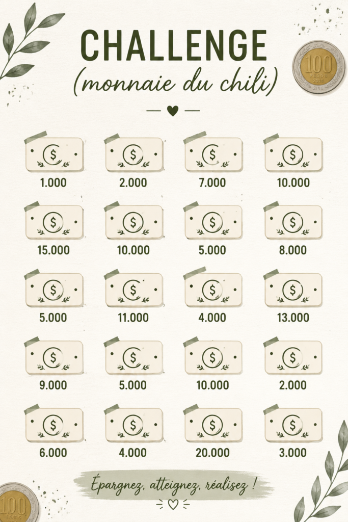 Défi ludique sur la monnaie chilienne avec des billets et pièces disposés sur une table.