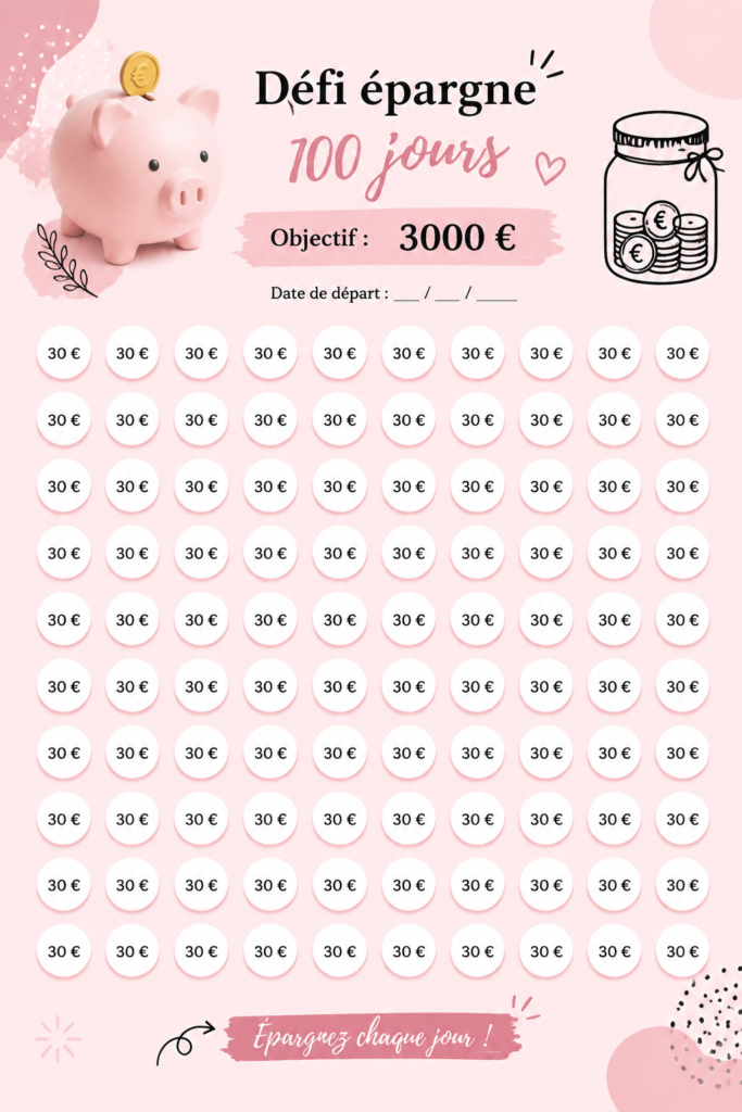 Femme souriante avec des notes et un tableau de défis d'épargne