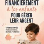 Un parent et son enfant regardent un livre sur la gestion financière ensemble, illustrant l'éducation financière.