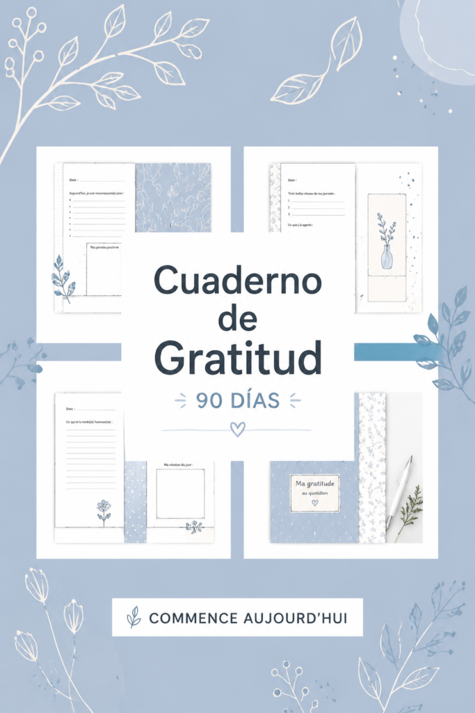 Image d'un beau carnet de journal de gratitude avec une tasse de thé à côté.