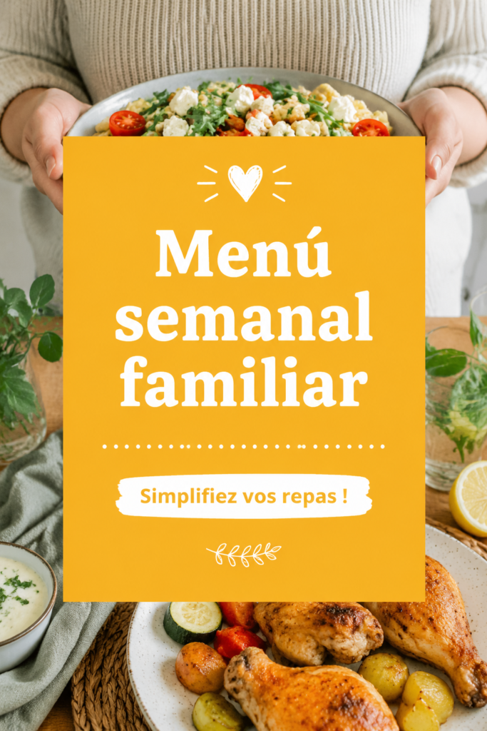 Menu familial hebdomadaire coloré et équilibré sur une table