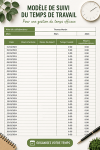 Un bureau avec des modèles de contrôle horaire affichés sur un ordinateur et un cahier.